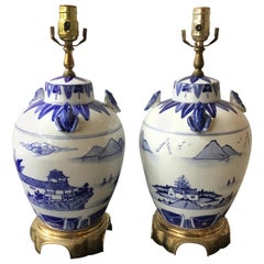 Vintage Pair of Blue and White Chinese Lamps with Frogs