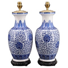Vintage Pair of blue and white Chinese porcelain baluster vase lamps