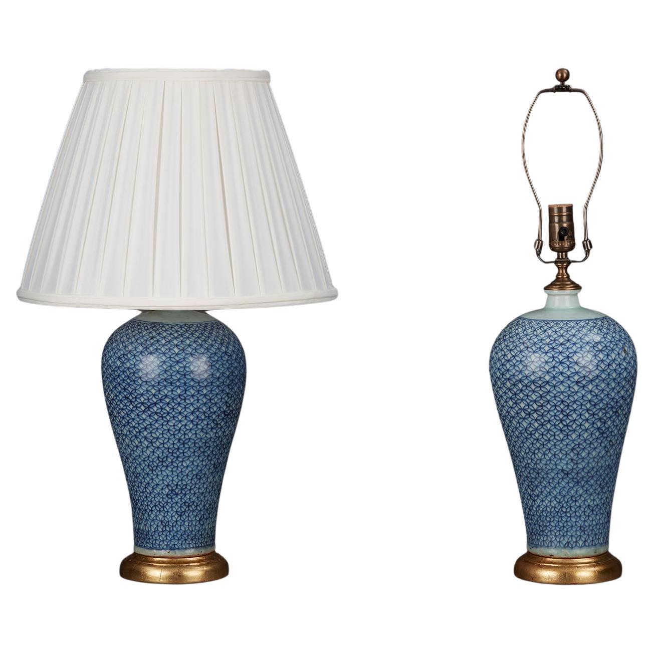 Paar blau-weiße chinesische Porzellanlampen aus dem 20. Jahrhundert