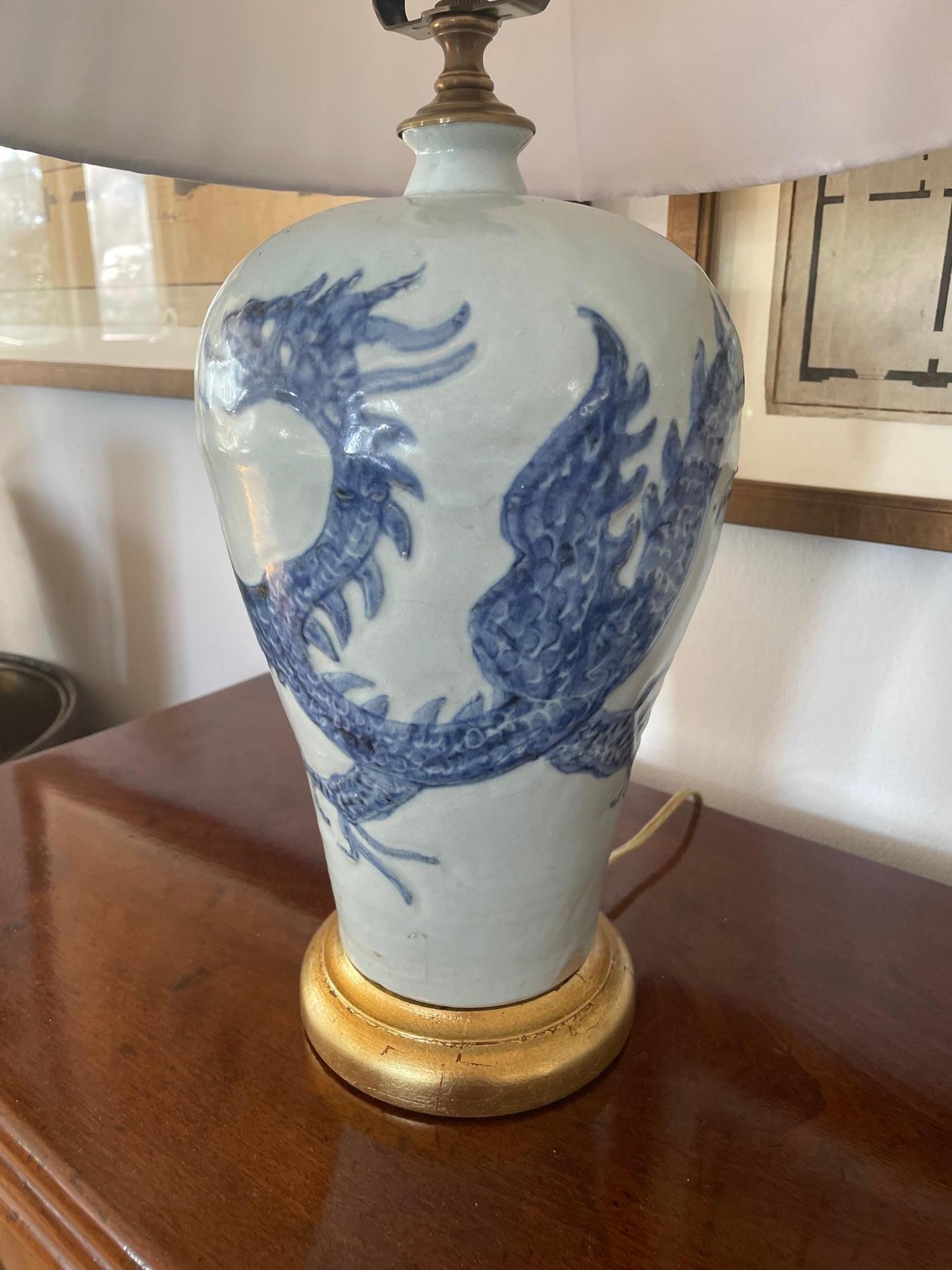 Chinoiserie Pair Blue and White Chinese Porcelain Lamps w/ Dragon Motif 20th Century For Sale