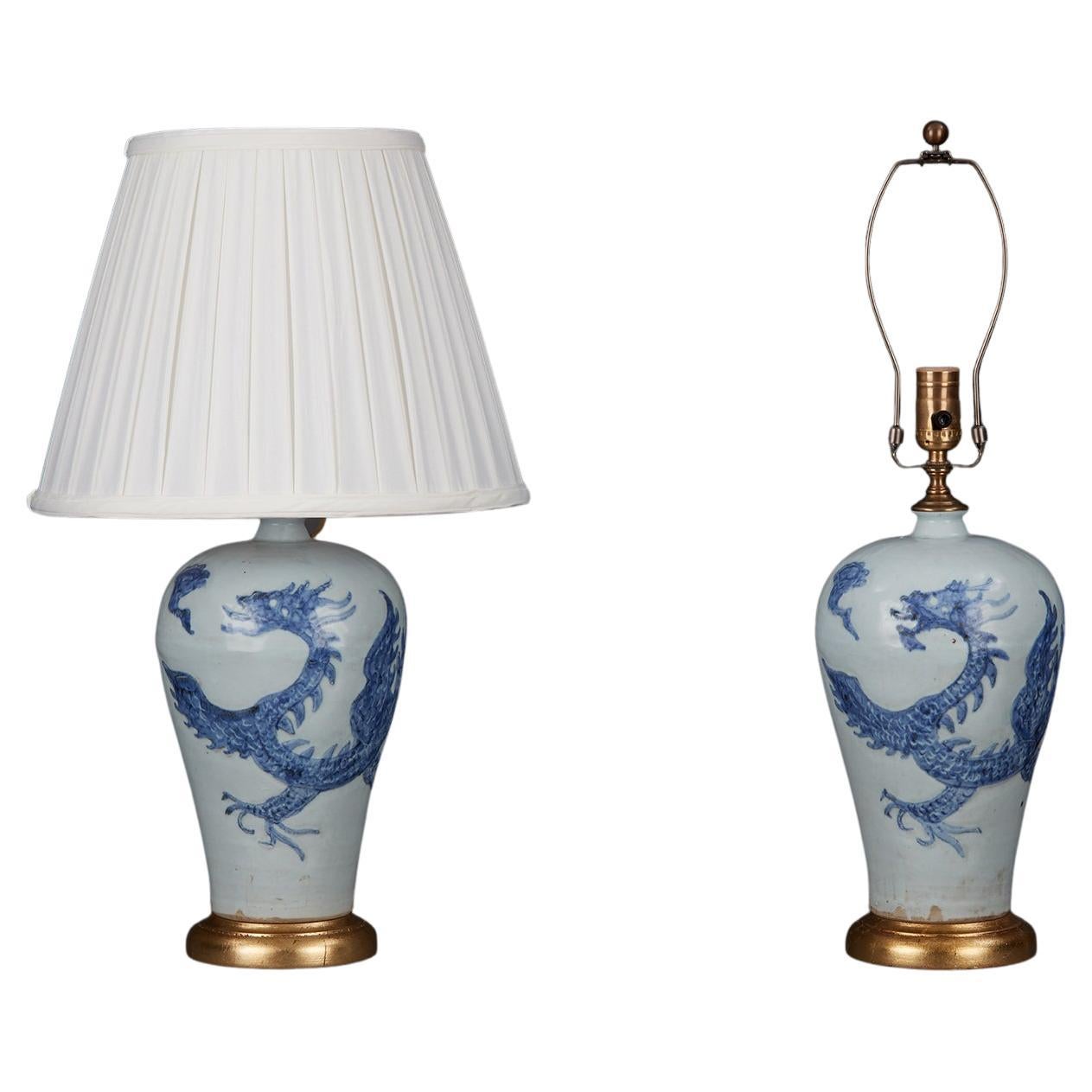Paar blau-weiße chinesische Porzellanlampen mit Drachenmotiv aus dem 20. Jahrhundert