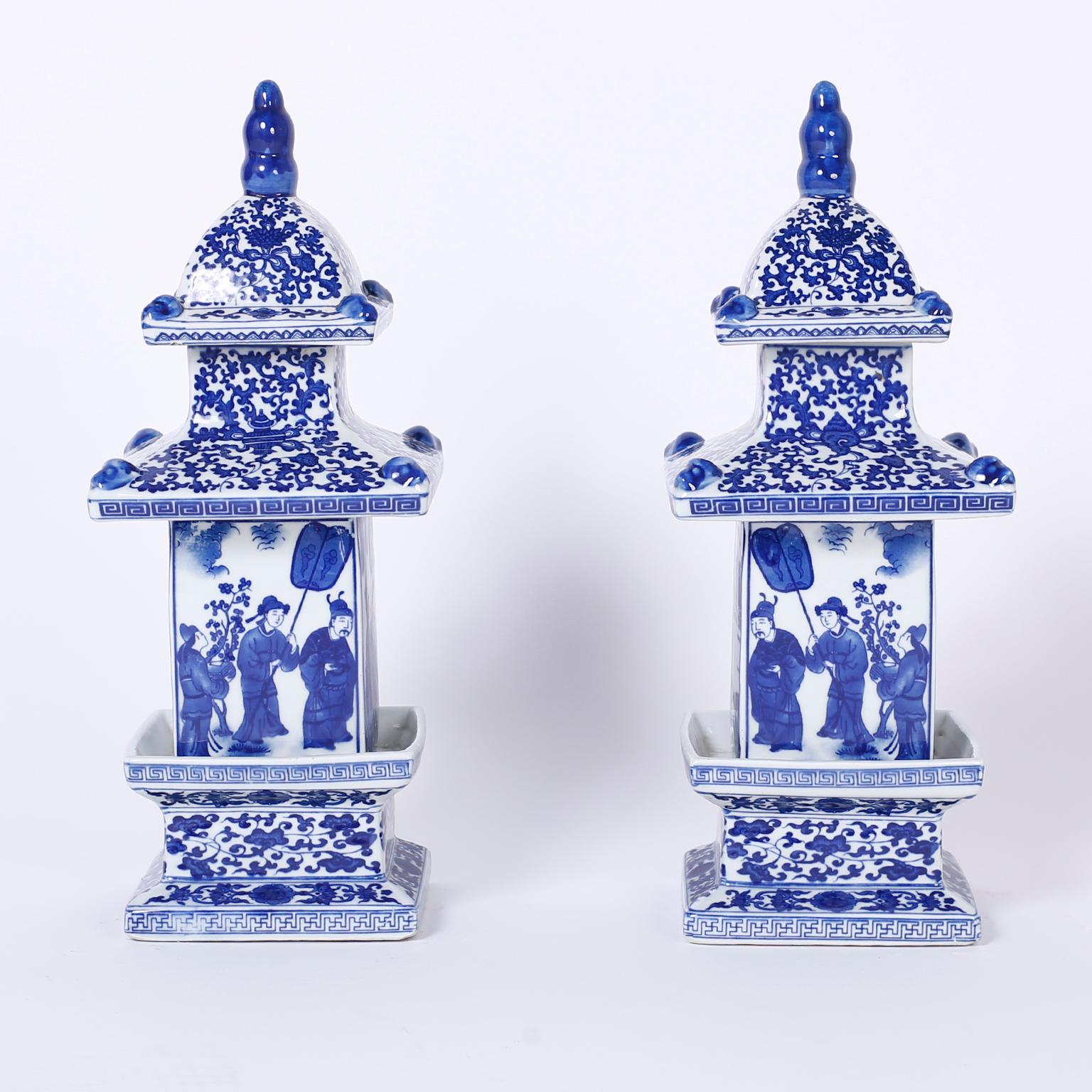 A Pair Blue & White Chinoiserie Pagoda Jars 