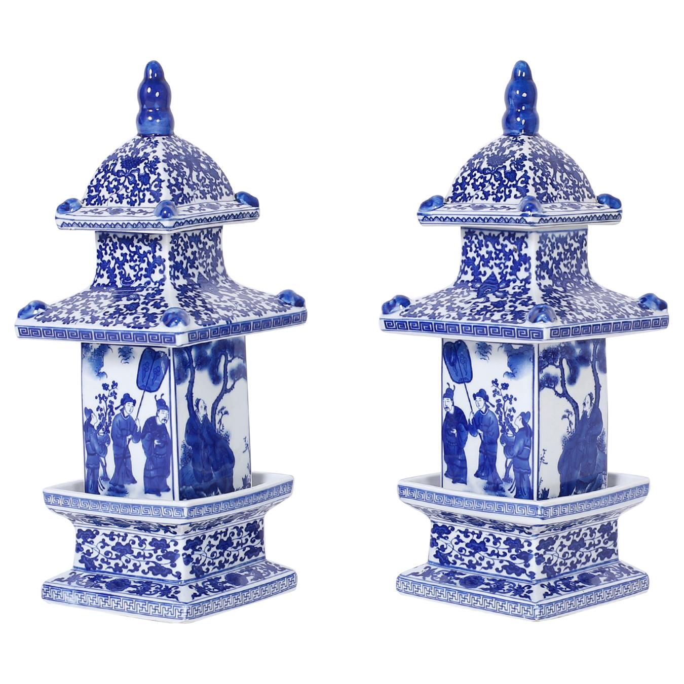 Blue & White Chinoiserie Pagoda Jars A Pair 
