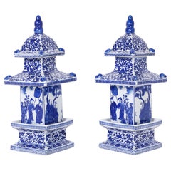 Pair of Blue and White Chinese Porcelain Pagoda Jars or Urns