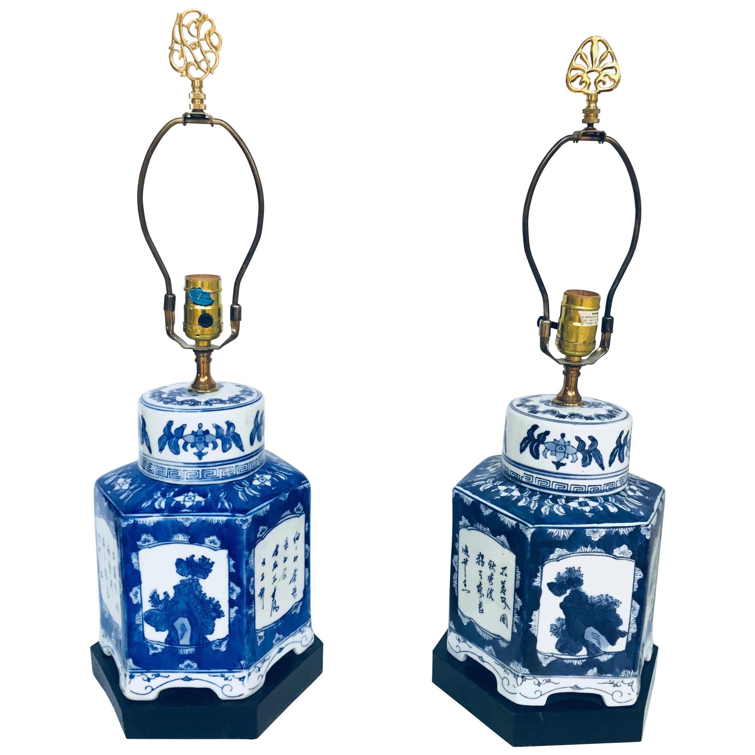 Pair of Blue and White Chinese Porcelain Tea Canisters Table Lamps