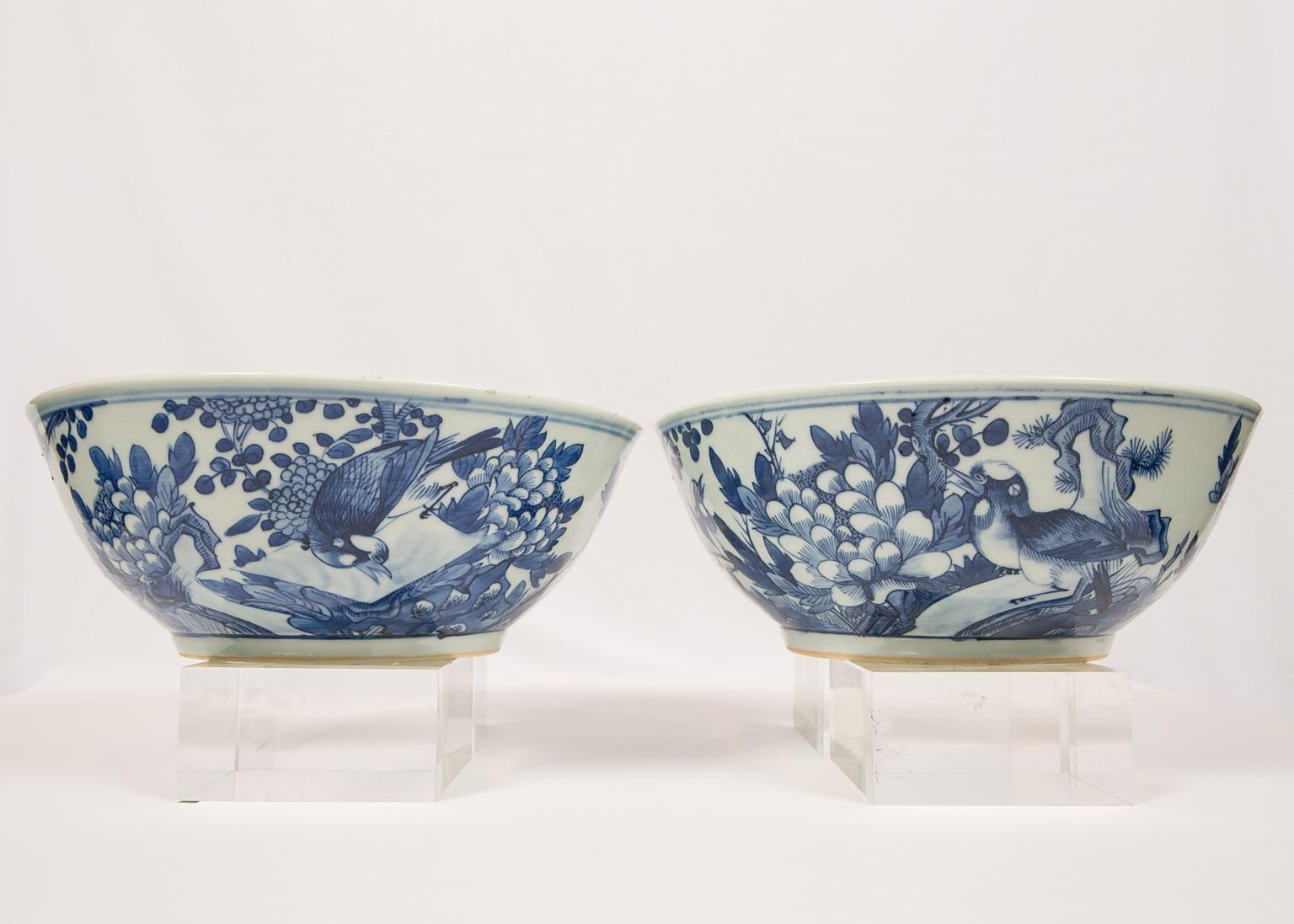 19th Century Pair Blue and White Chinese Porcelain Bowls Hand-Painted Qing Dynasty ca. 1880