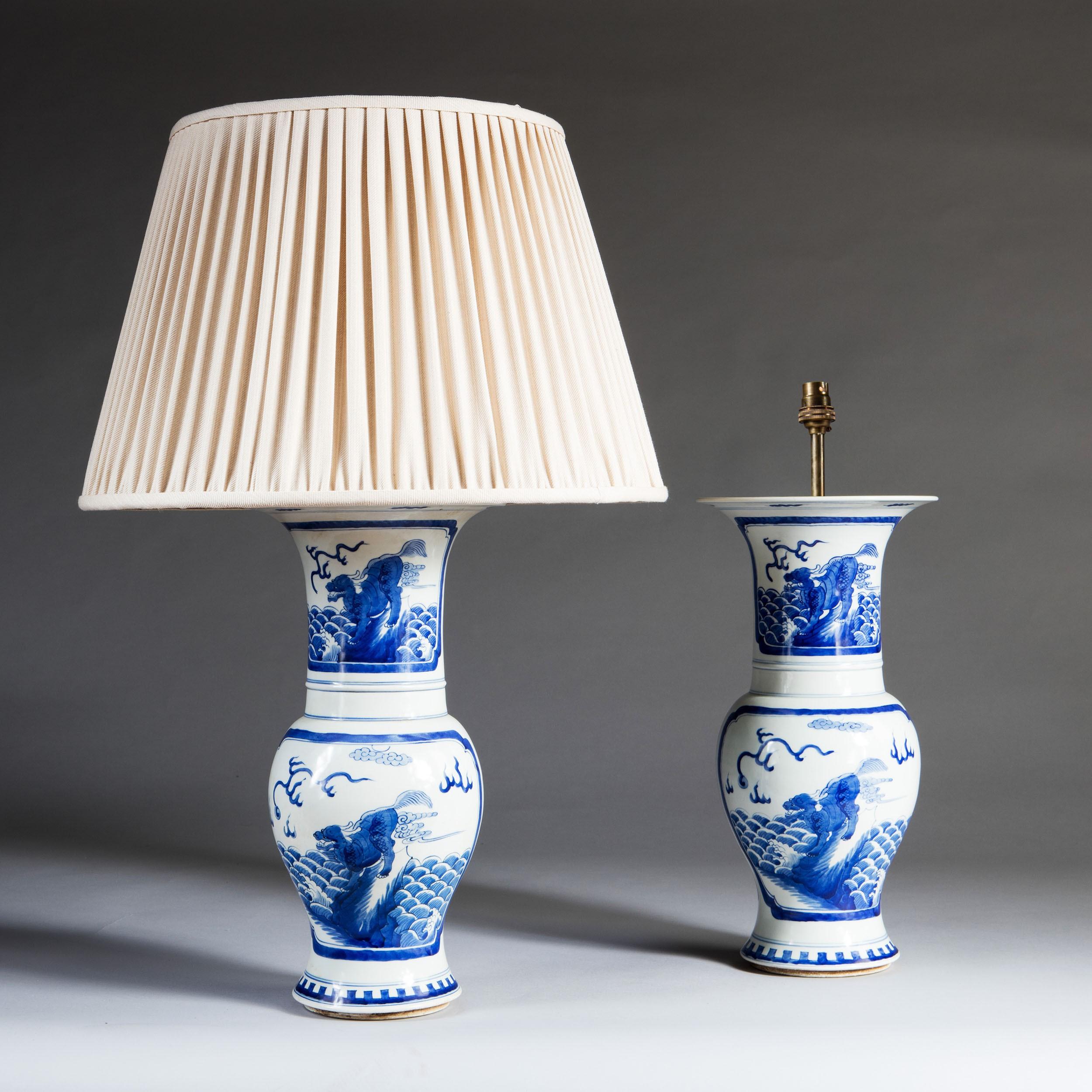 Glazed Pair of Blue and White Chinese Trumpet Vases as Table Lamps