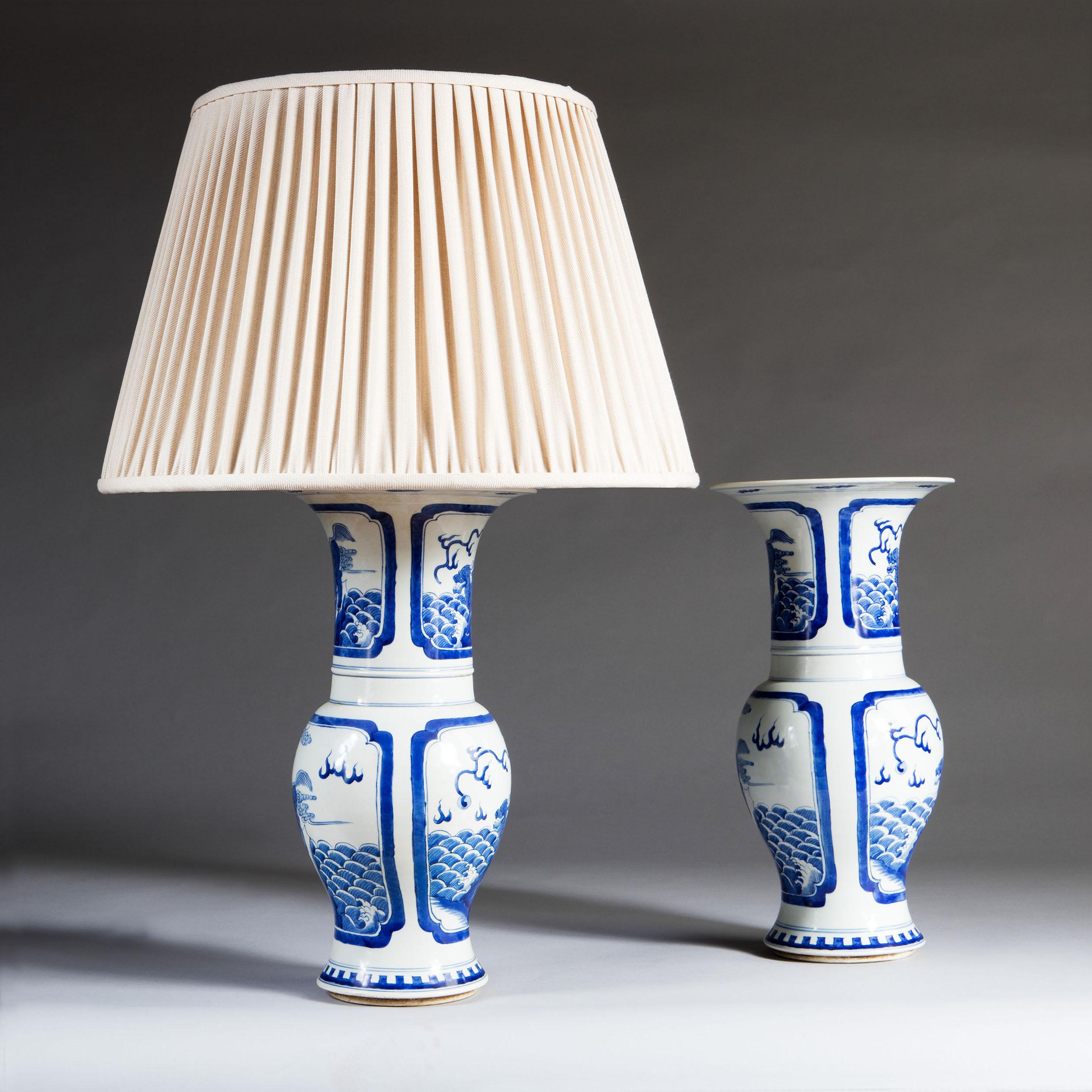 Pair of Blue and White Chinese Trumpet Vases as Table Lamps In Good Condition In London, GB