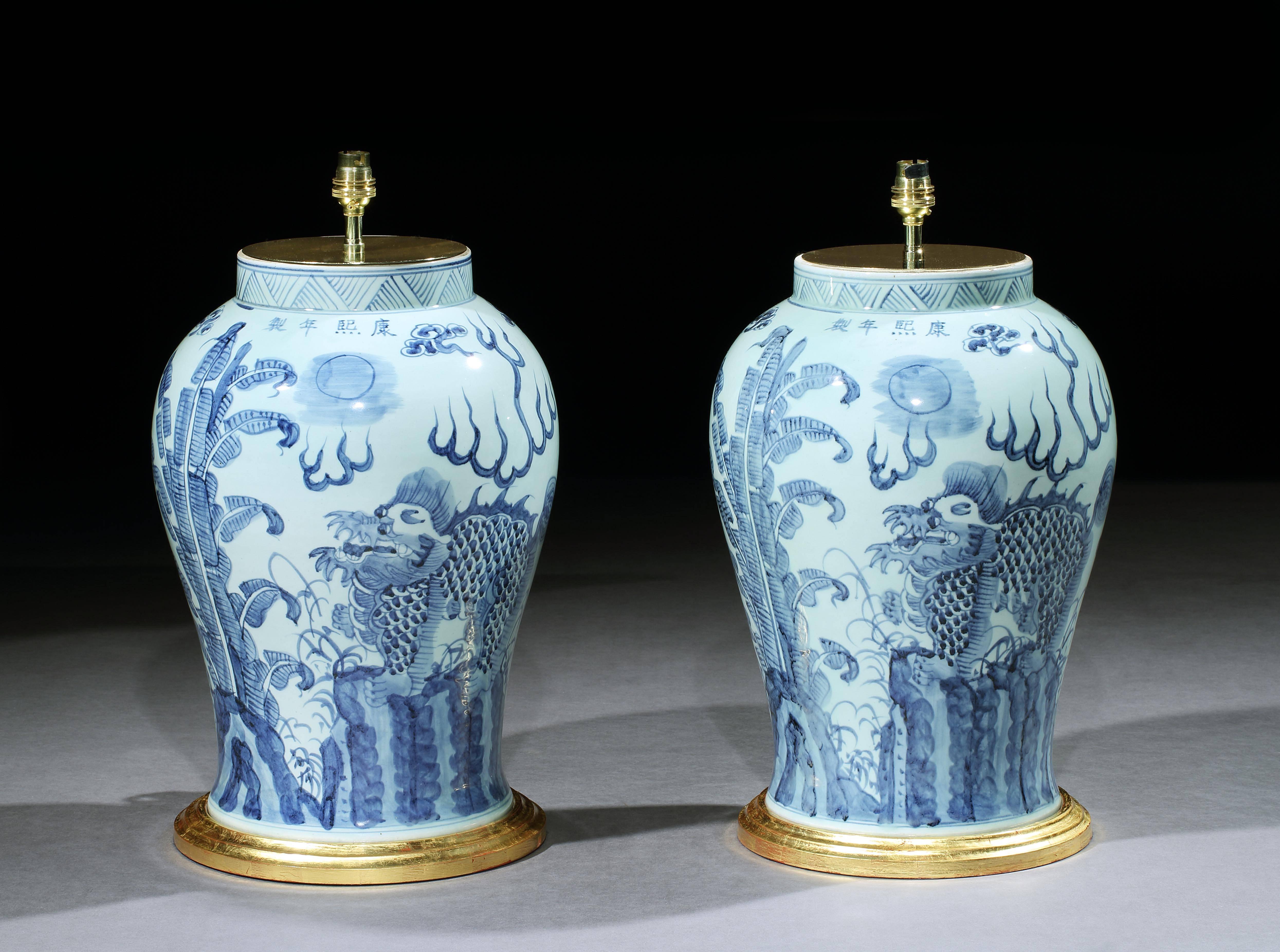 20th Century Pair of Blue and White Chinese Vases with Foo Dogs