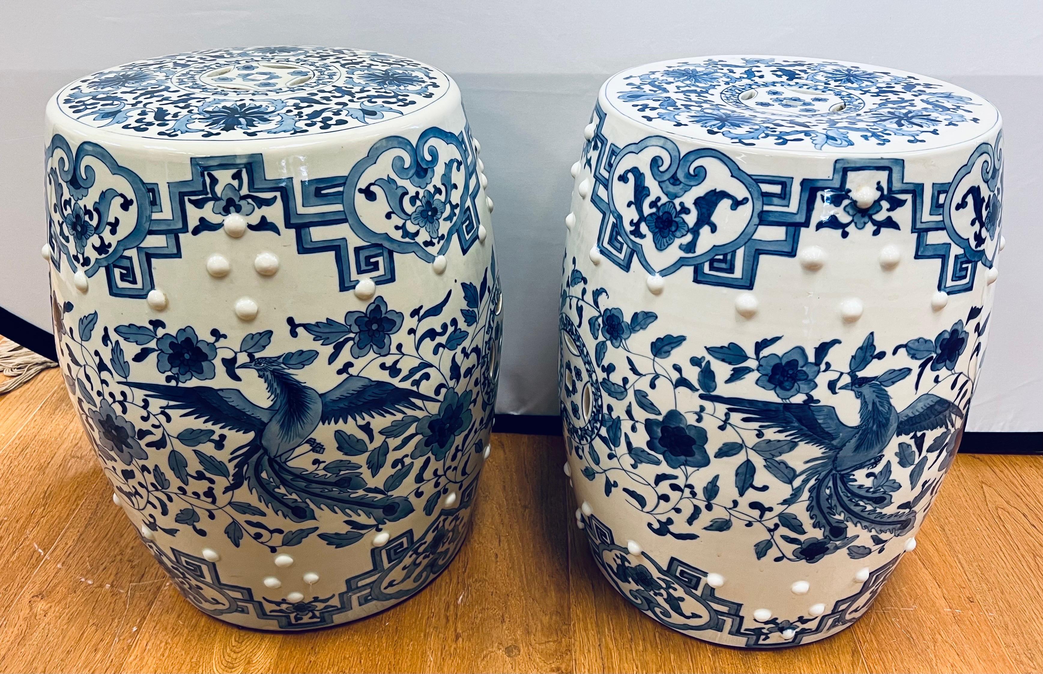 20th Century Pair of Blue and White Chinoiserie Chinese Porcelain Ceramic Garden Stools