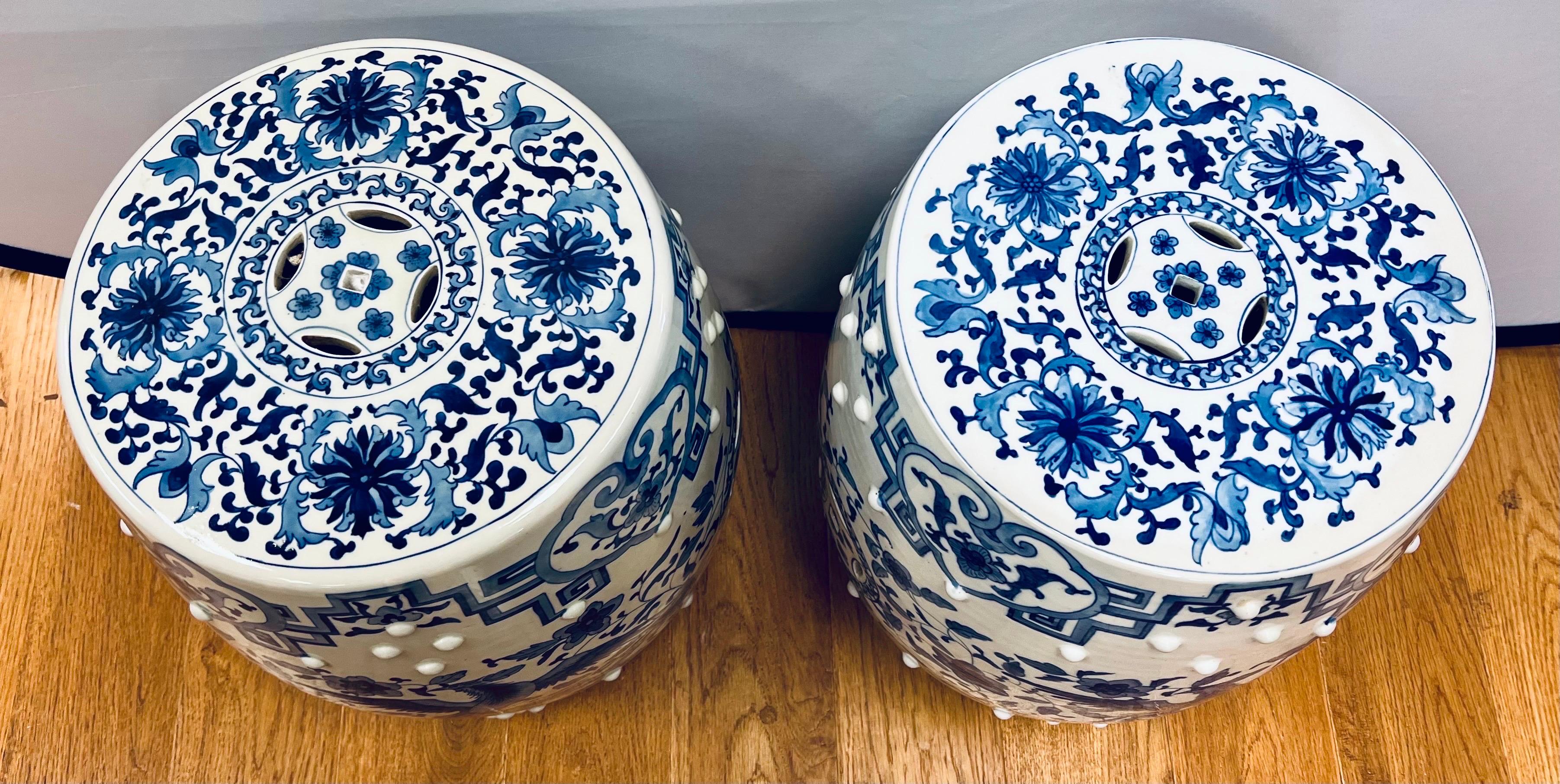 Pair of Blue and White Chinoiserie Chinese Porcelain Ceramic Garden Stools 1