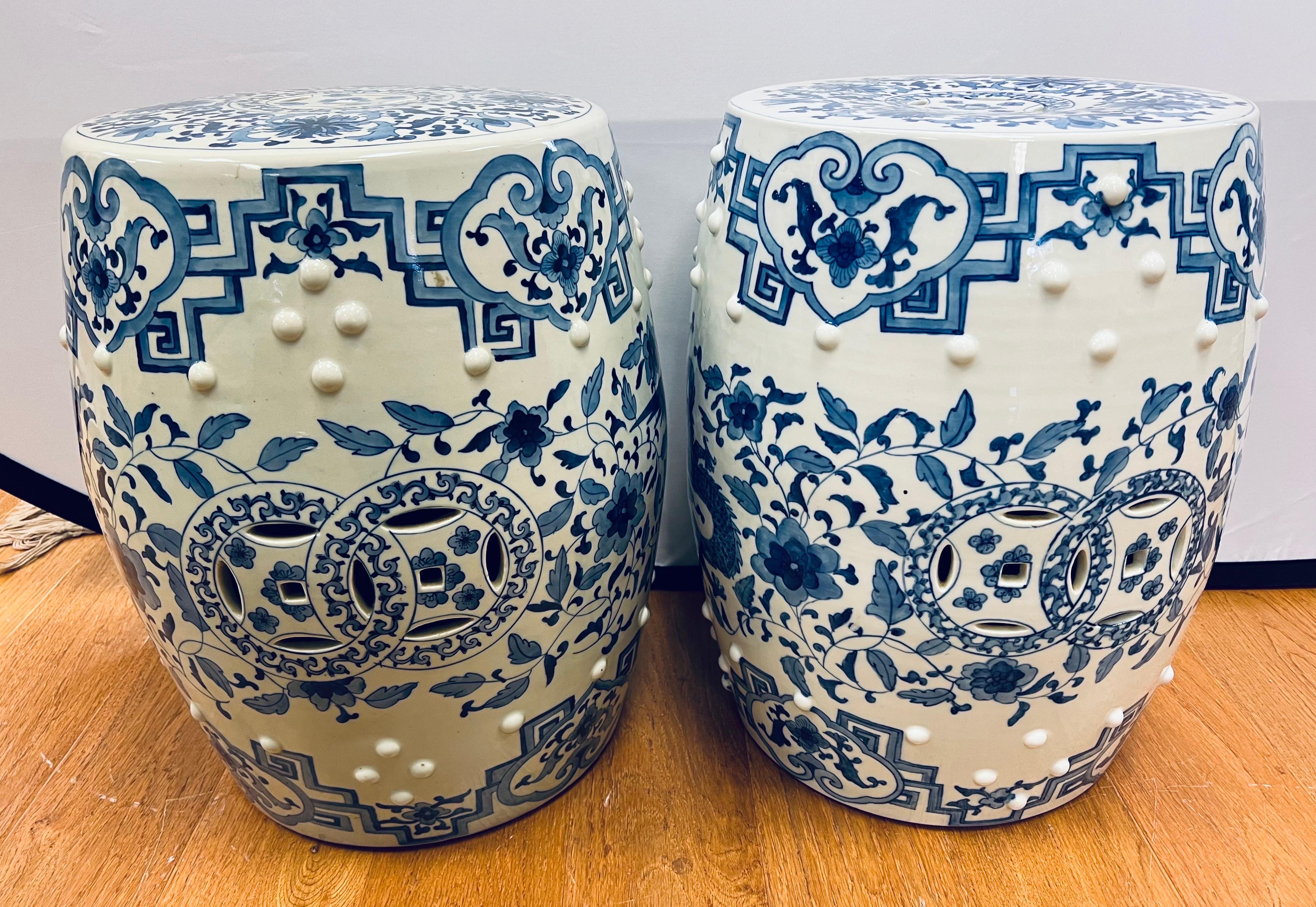 Pair of Blue and White Chinoiserie Chinese Porcelain Ceramic Garden Stools 3