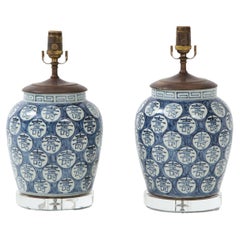 Pair of Blue and White Chinoiserie Lamps with Lucite Base