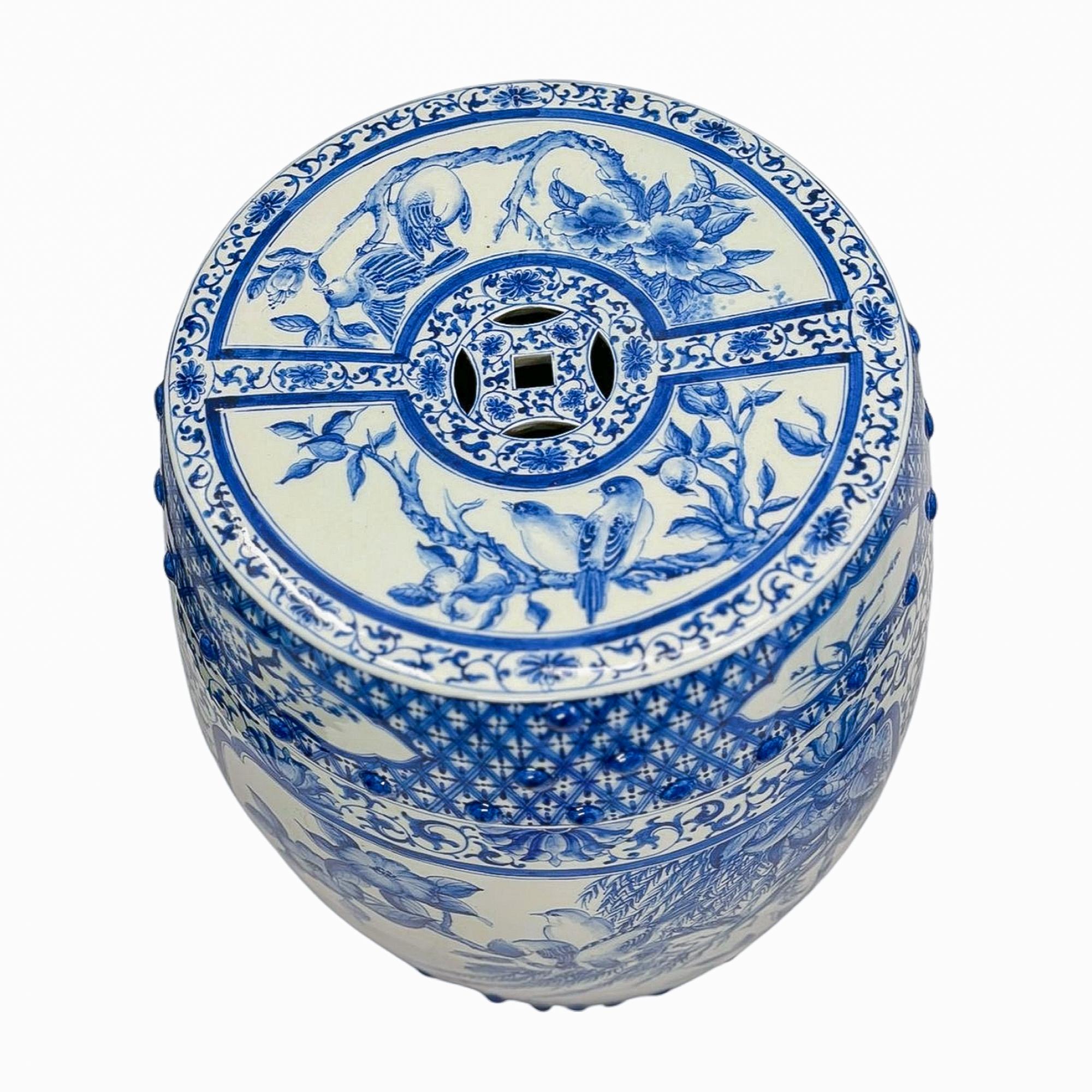 Pair of Blue and White Chinoiserie Porcelain Garden Stools For Sale 7