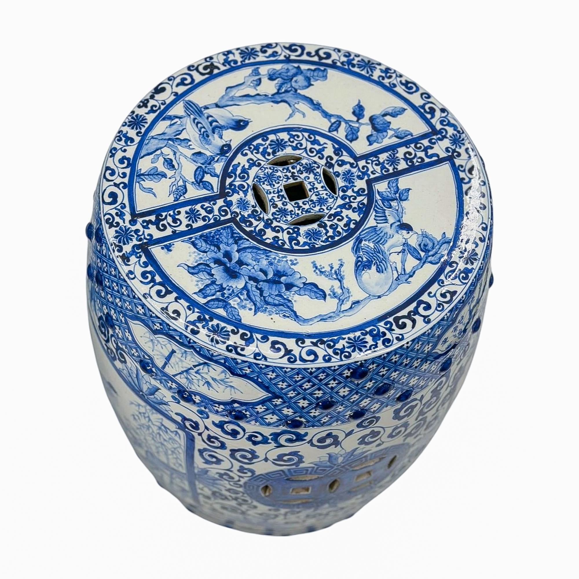 Pair of Blue and White Chinoiserie Porcelain Garden Stools For Sale 8