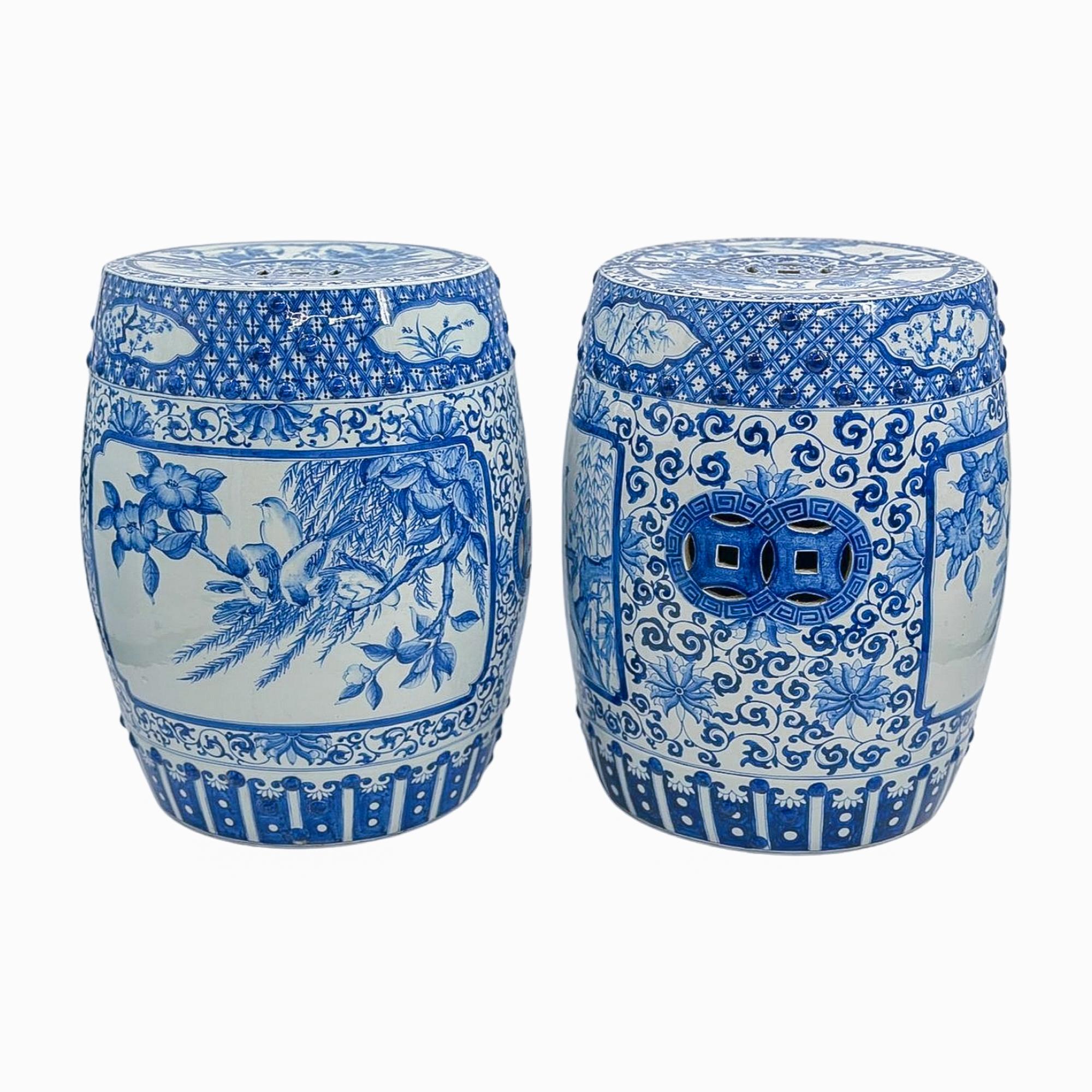 20th Century Pair of Blue and White Chinoiserie Porcelain Garden Stools For Sale