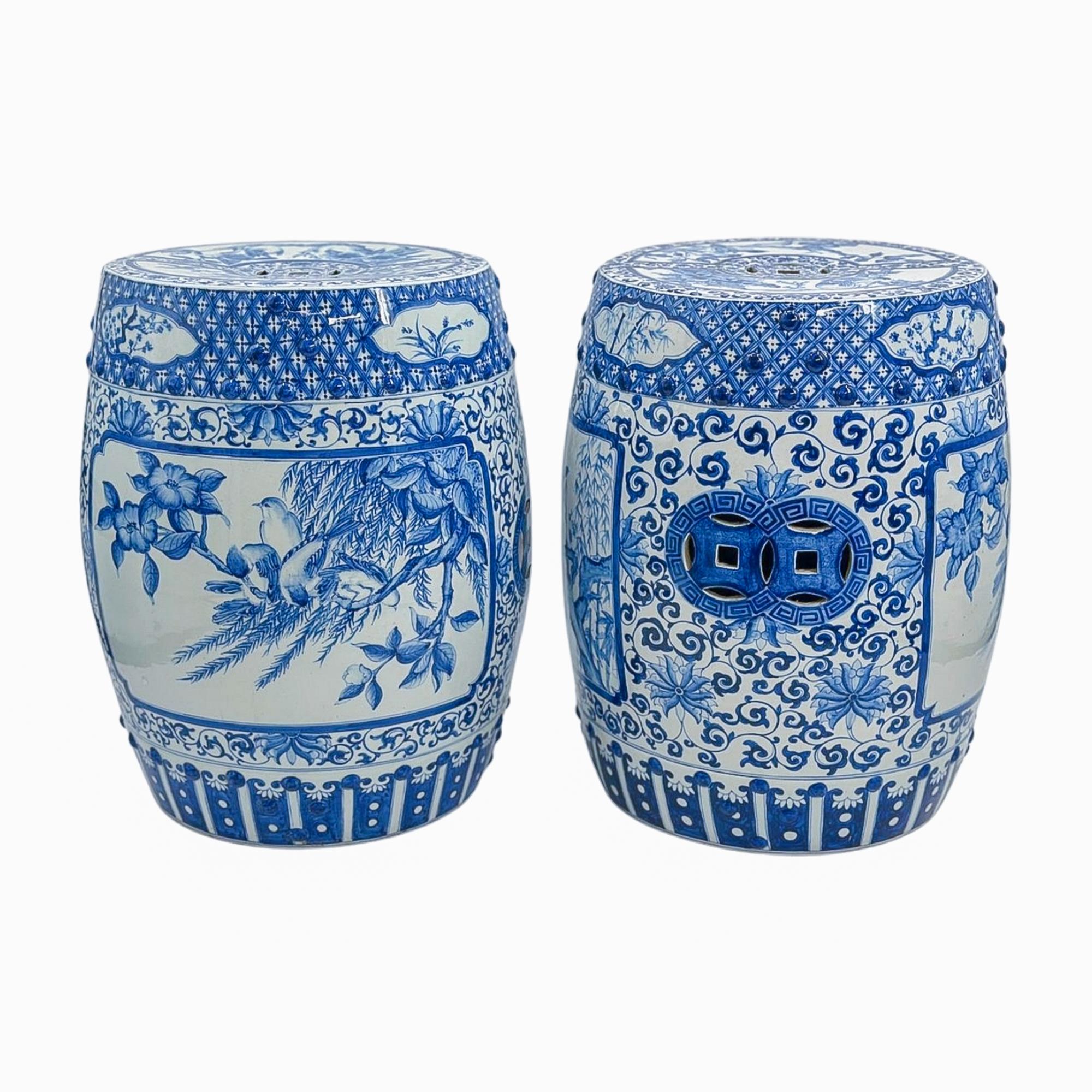 Pair of Blue and White Chinoiserie Porcelain Garden Stools For Sale 1