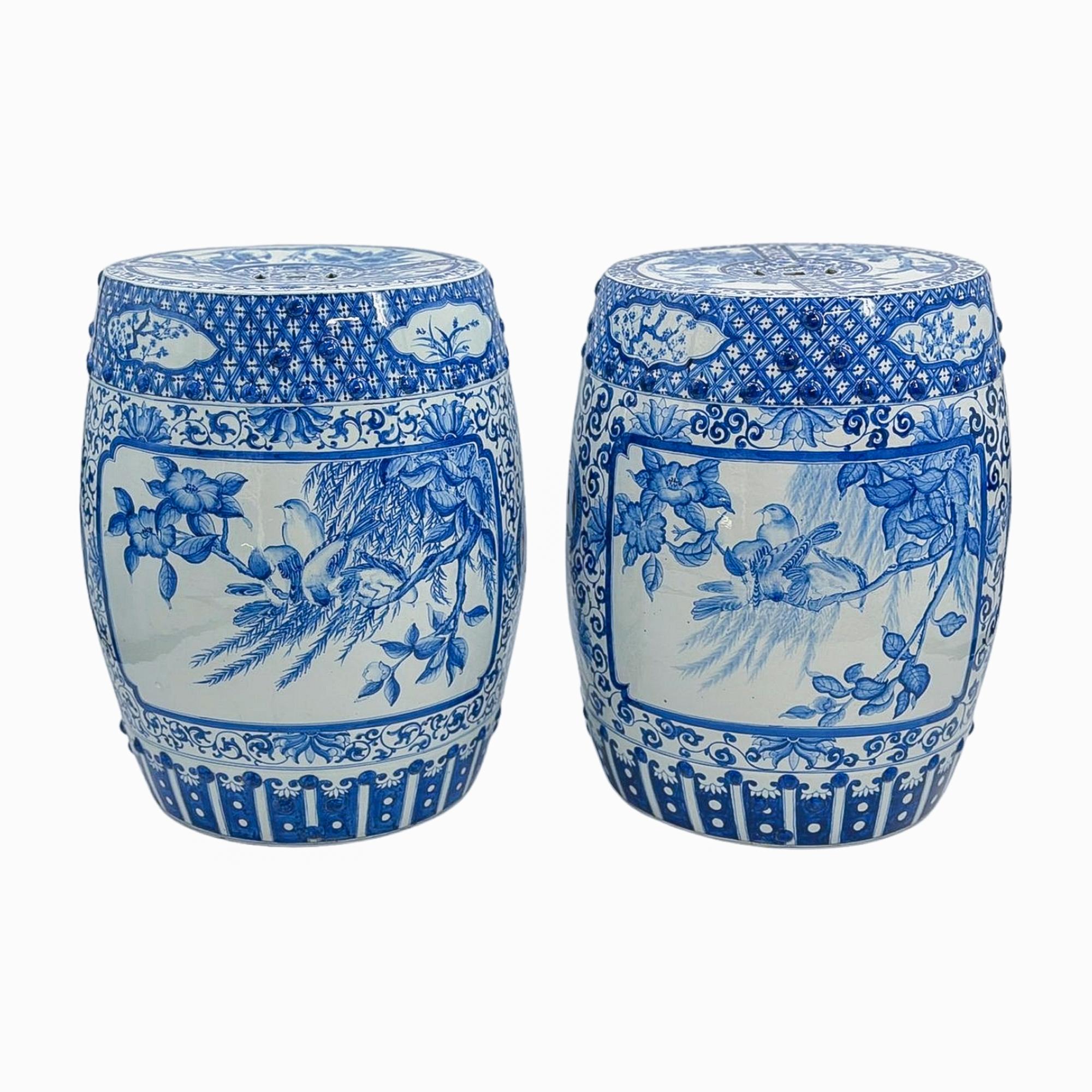 Pair of Blue and White Chinoiserie Porcelain Garden Stools For Sale 2
