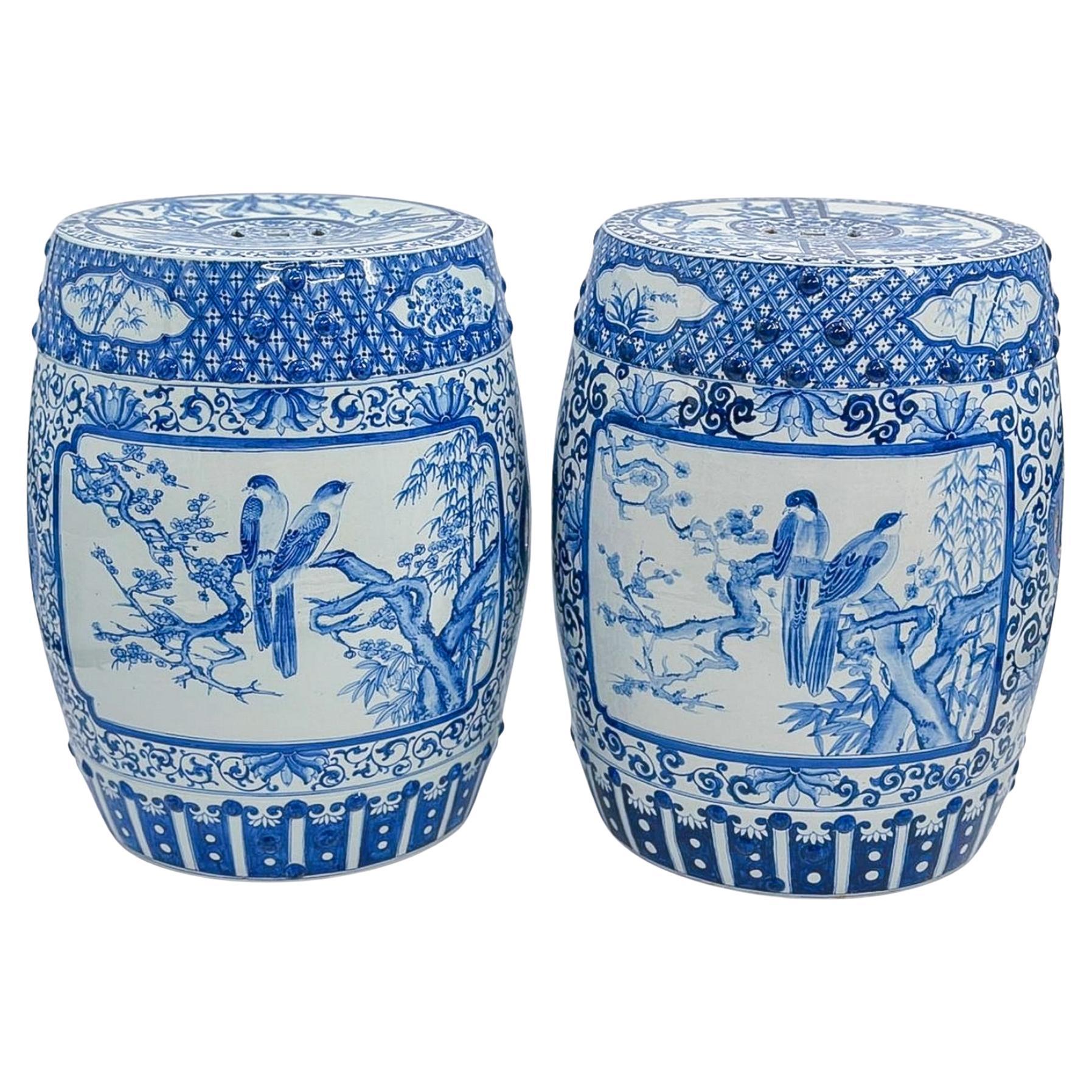 Pair of Blue and White Chinoiserie Porcelain Garden Stools For Sale
