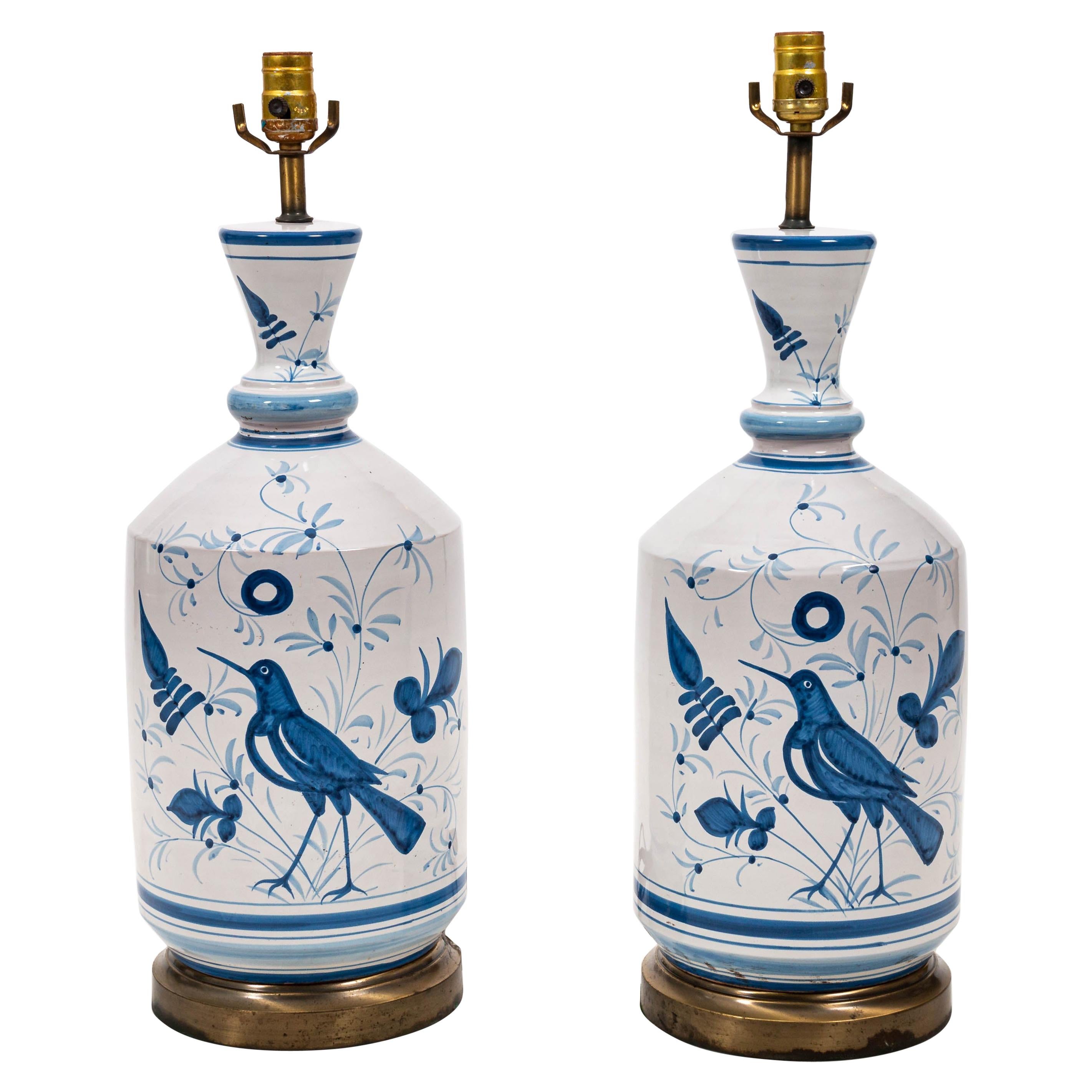 Pair of Blue and White Country Bird Table Lamps