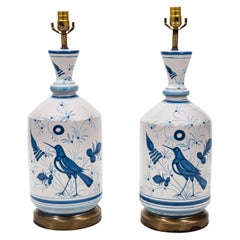 Pair of Blue and White Country Bird Table Lamps