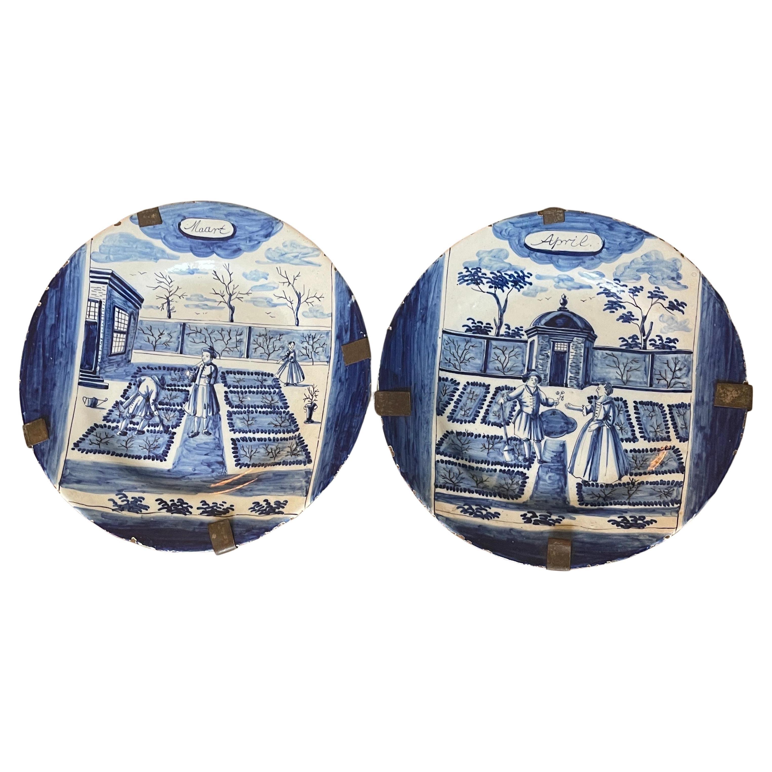 Pair of Blue and White Delft Calendar Plates For Sale