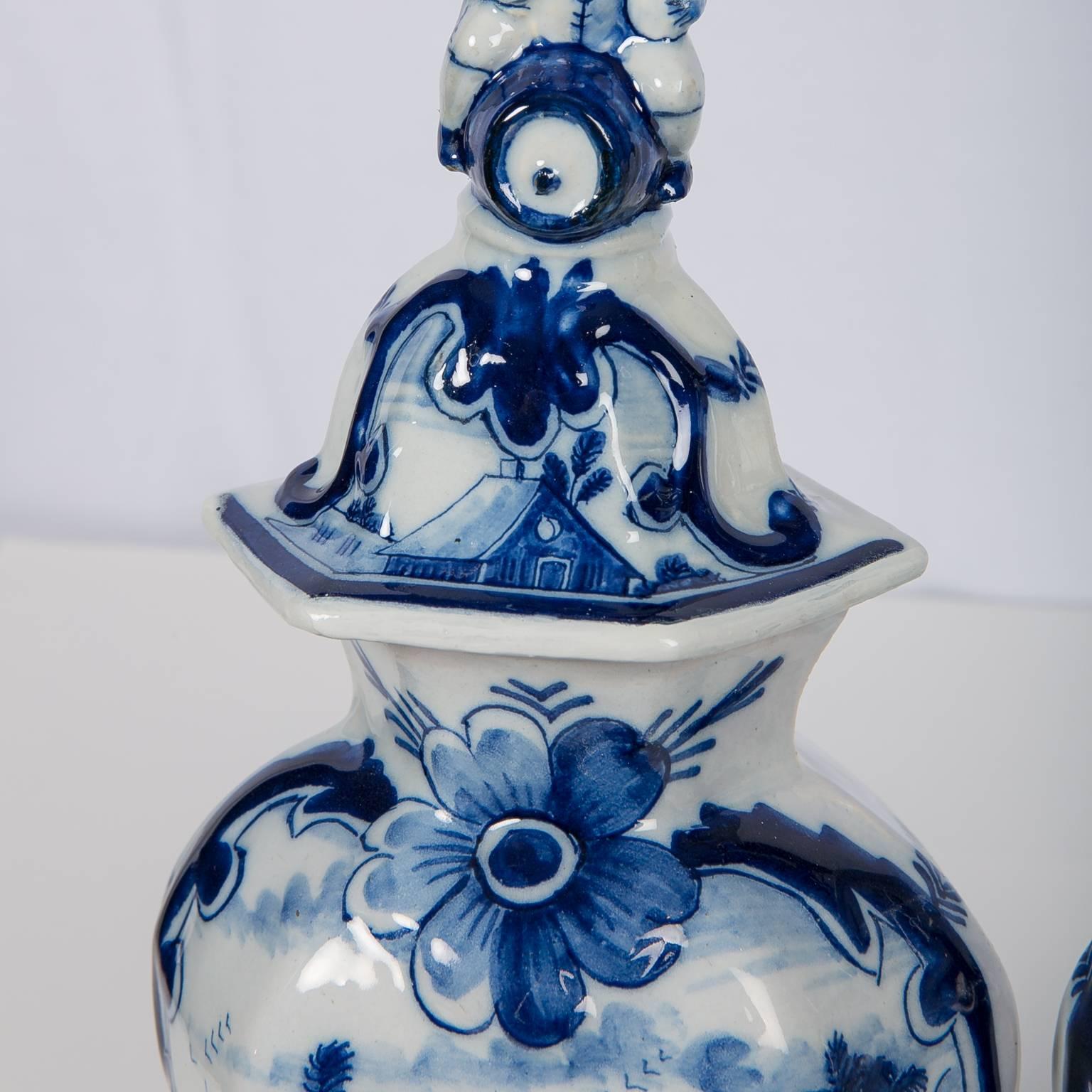 Dutch Pair of Blue and White Delft Mantle Vases Made by De Klaauw circa 1780