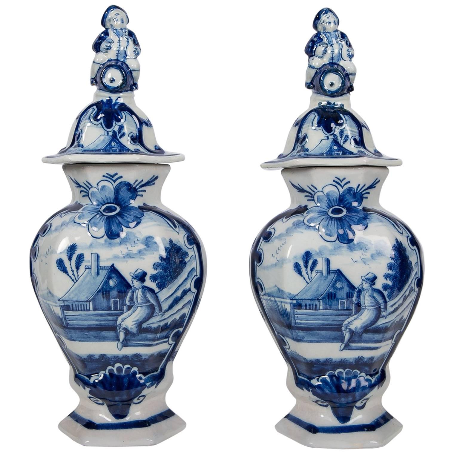 Pair of Blue and White Delft Mantle Vases Made by De Klaauw circa 1780