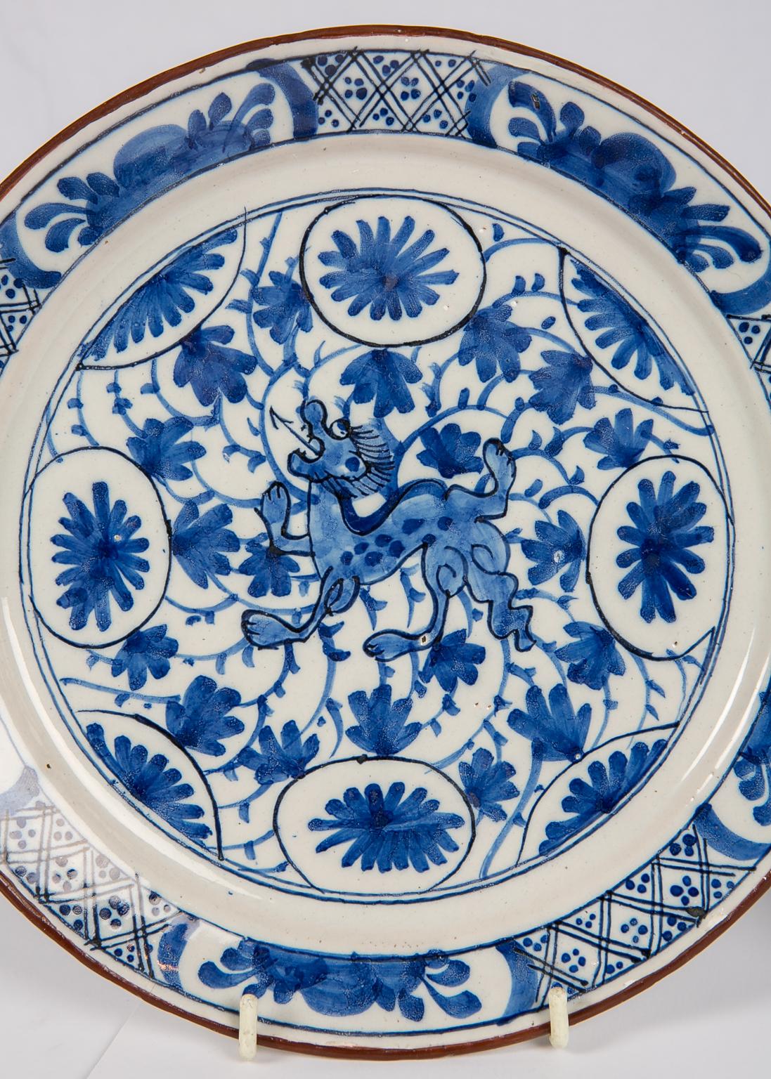 Pair Delft  Blue and White Plates with Dragons Made in Netherlands circa 1780 5