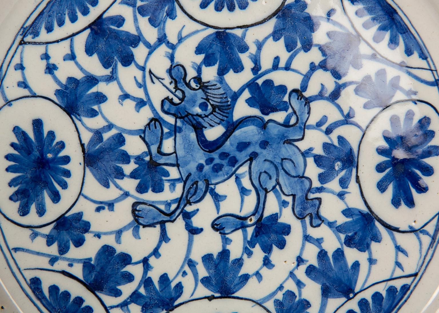 Hand-Painted Pair Delft  Blue and White Plates with Dragons Made in Netherlands circa 1780