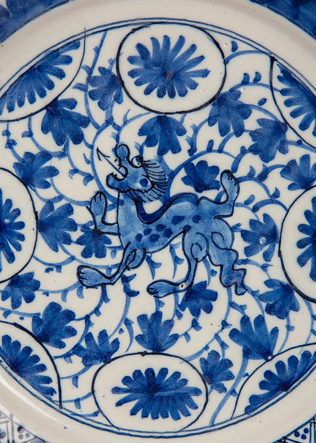 Pair Delft  Blue and White Plates with Dragons Made in Netherlands circa 1780 2