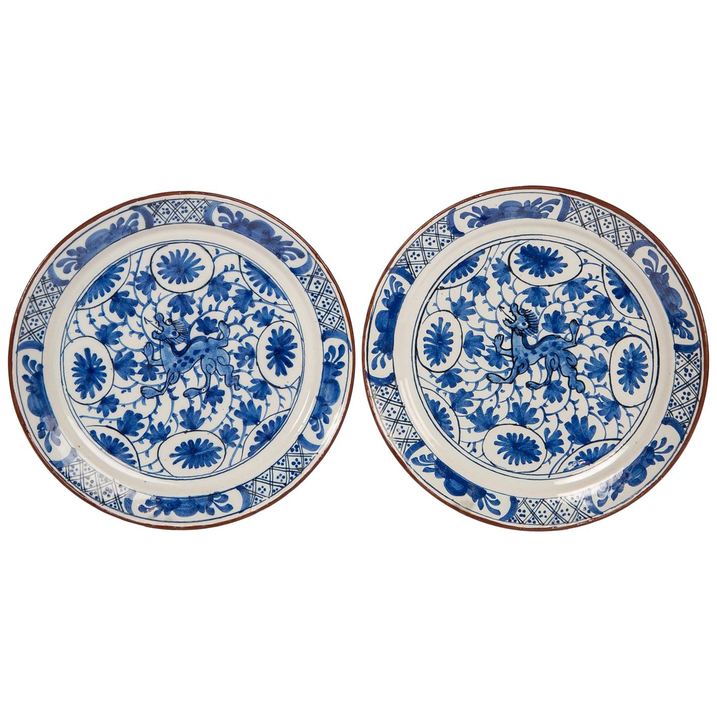 Pair Delft  Blue and White Plates with Dragons Made in Netherlands circa 1780