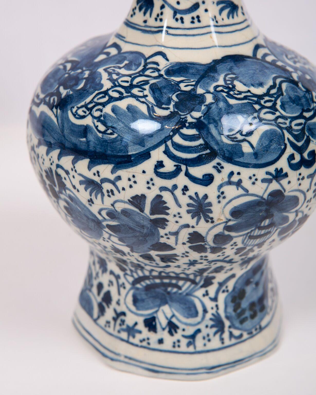 Pair of Blue and White Delft Vases Showing Peacocks and Flowers, 18th Century 3