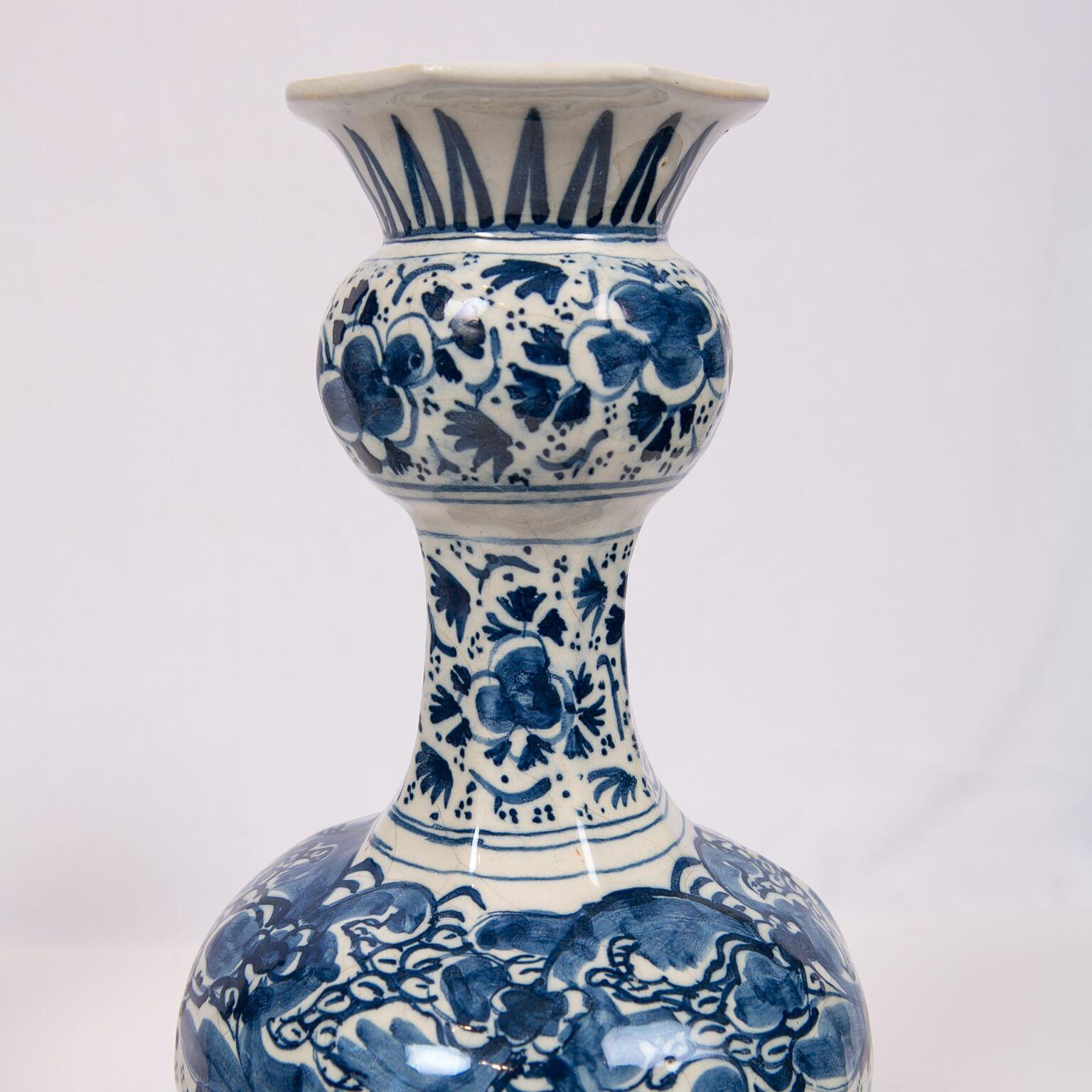 Pair of Blue and White Delft Vases Showing Peacocks and Flowers, 18th Century 4