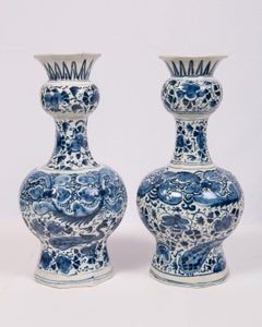 Pair of Blue and White Delft Vases Showing Peacocks and Flowers, 18th Century