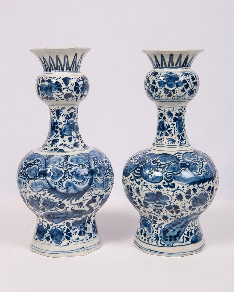 Pair of Blue and White Delft Vases Showing Peacocks and Flowers 18th Century Delft vases with Peacocks 5 master