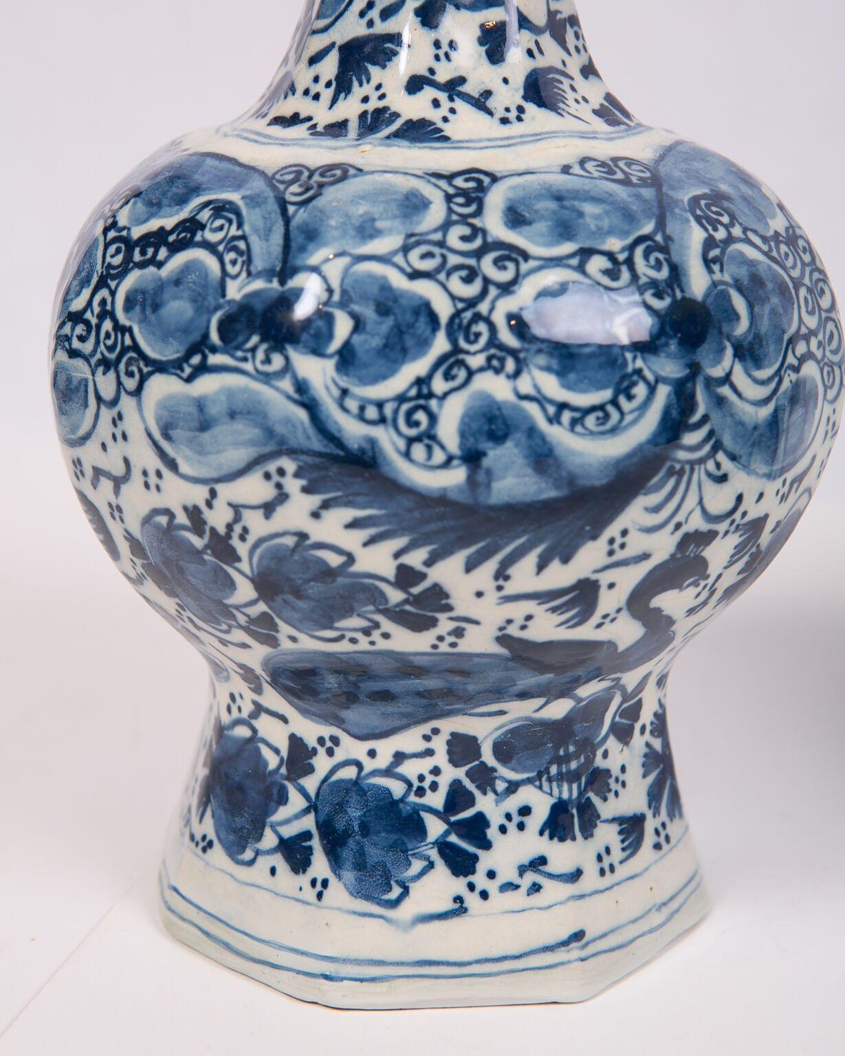 Rococo Pair of Blue and White Delft Vases Showing Peacocks and Flowers, 18th Century