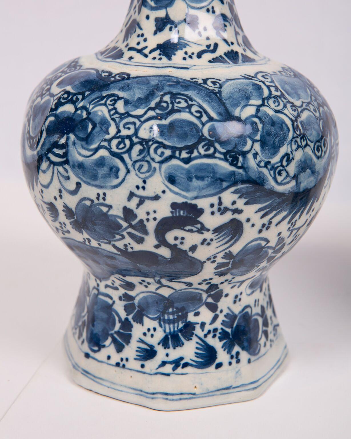 Dutch Pair of Blue and White Delft Vases Showing Peacocks and Flowers, 18th Century