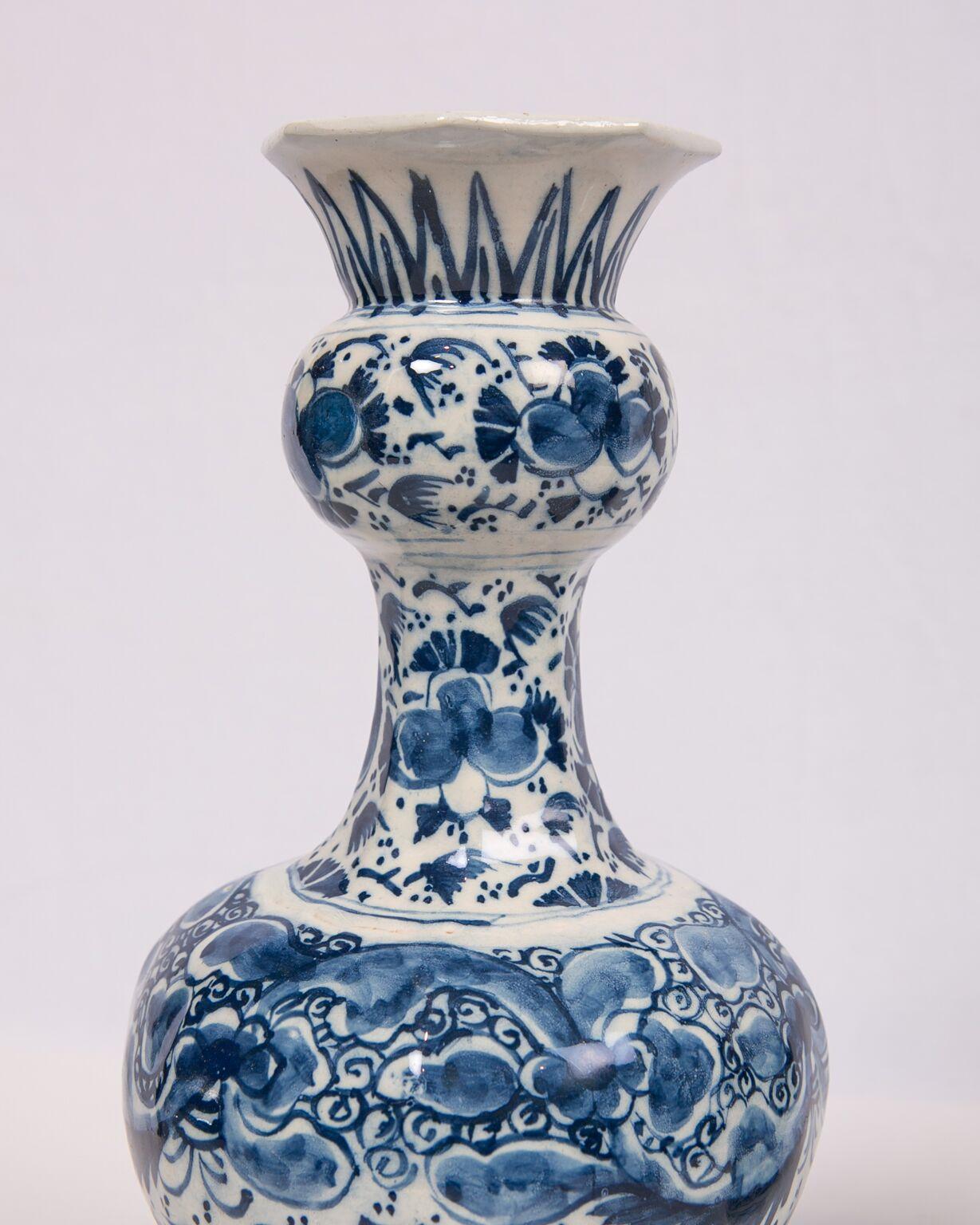 Hand-Painted Pair of Blue and White Delft Vases Showing Peacocks and Flowers, 18th Century