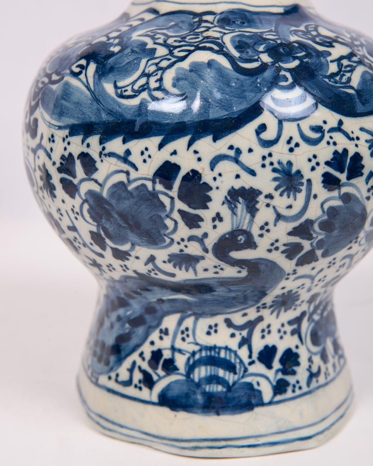 Pair of Blue and White Delft Vases Showing Peacocks and Flowers, 18th Century 2
