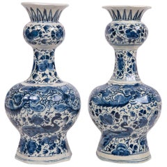 Pair of Blue and White Delft Vases Showing Peacocks and Flowers, 18th Century