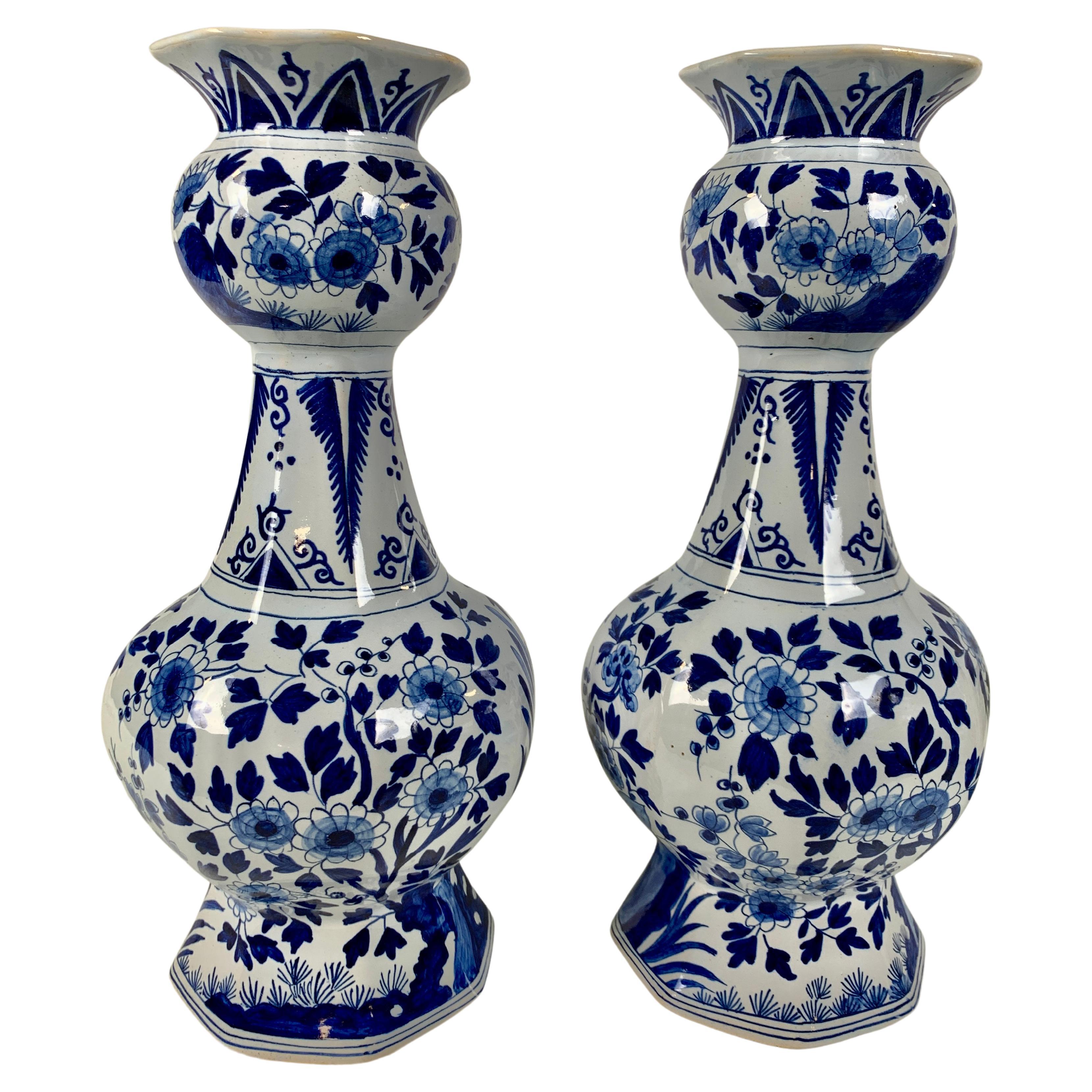 Pair of Mid19th Century French Blue and White Faience Delft Vases with