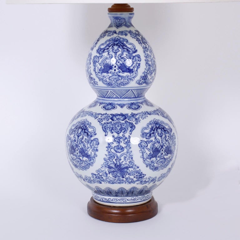 Pair of Blue and White Double Gourd Table Lamps at 1stdibs