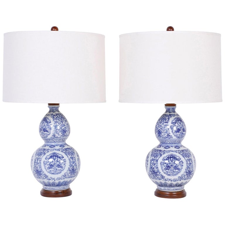 Pair of Blue and White Double Gourd Table Lamps at 1stDibs