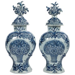 Pair of Blue and White Dutch Delft Mantle Jars Made, Netherlands, circa 1820