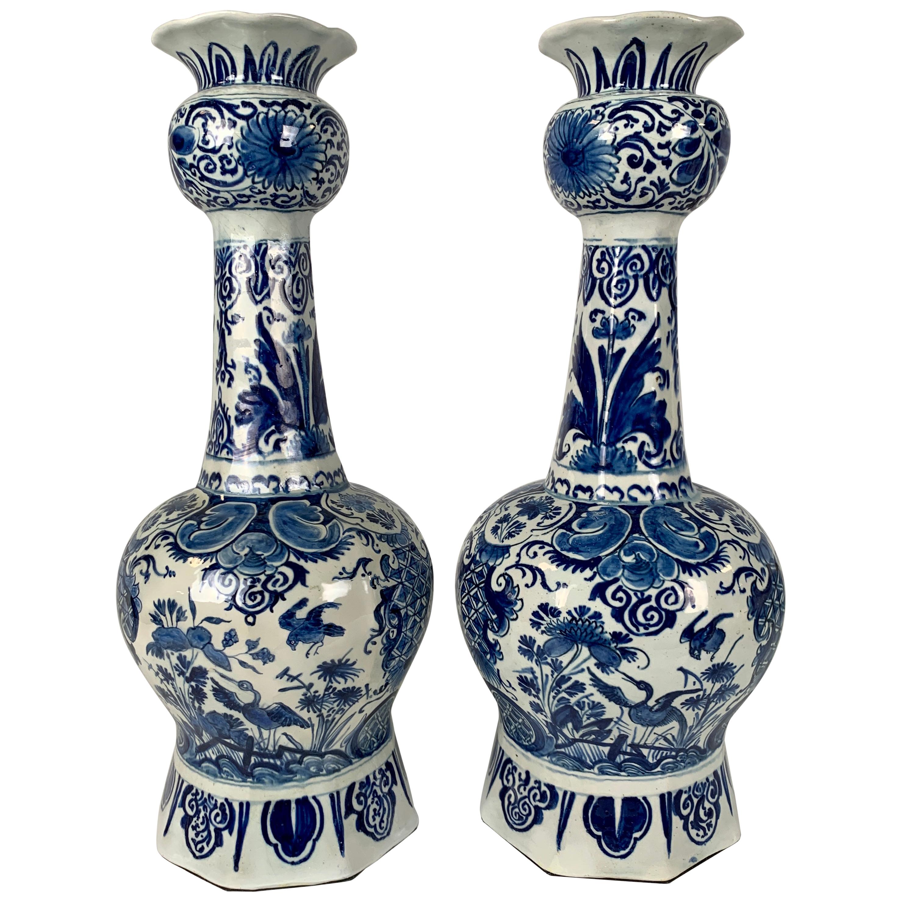 Pair of Blue and White Dutch Delft Vases, 18th Century