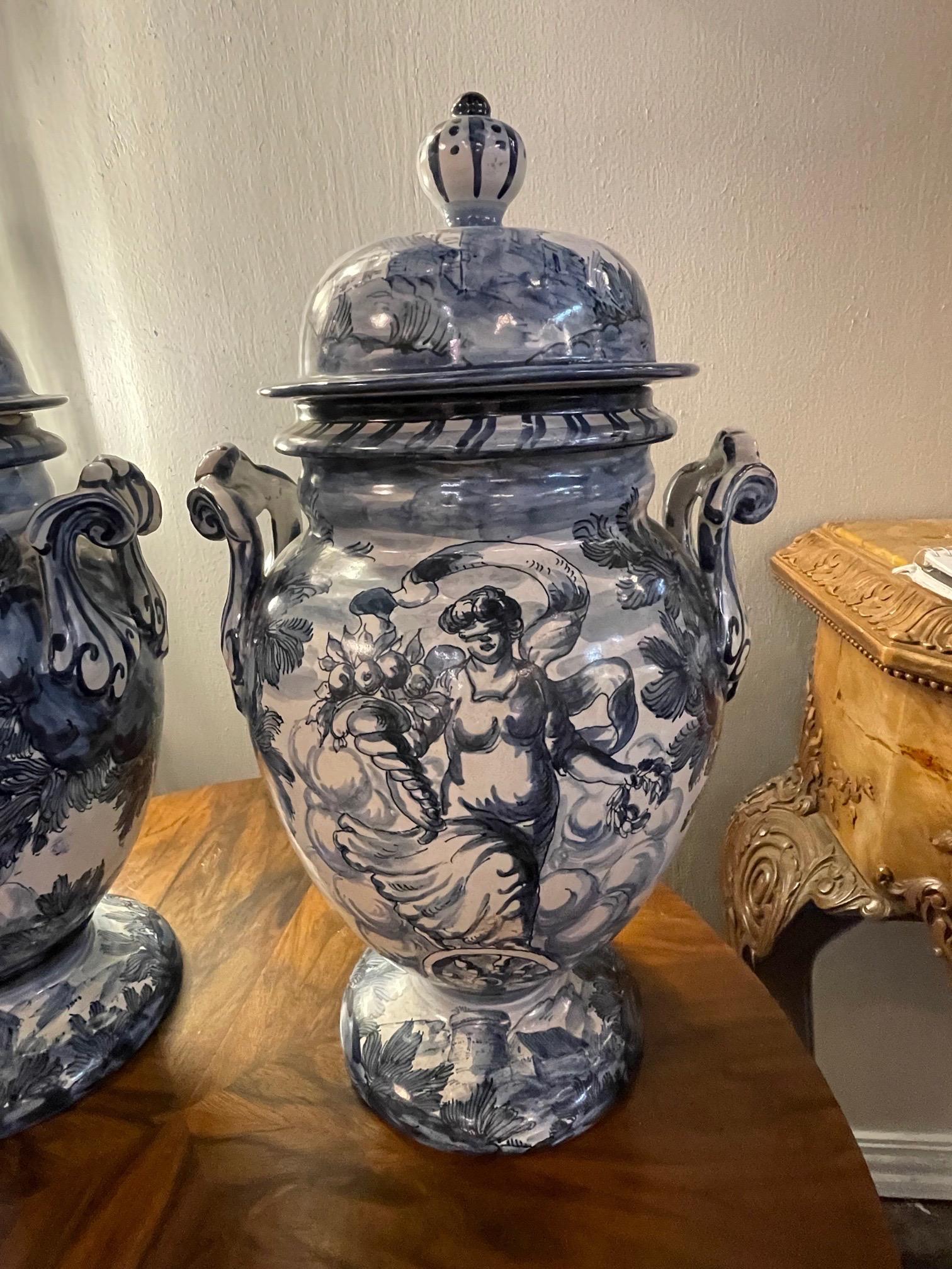Italian Pair of Blue and White Faience Glazed Lidded Urns For Sale
