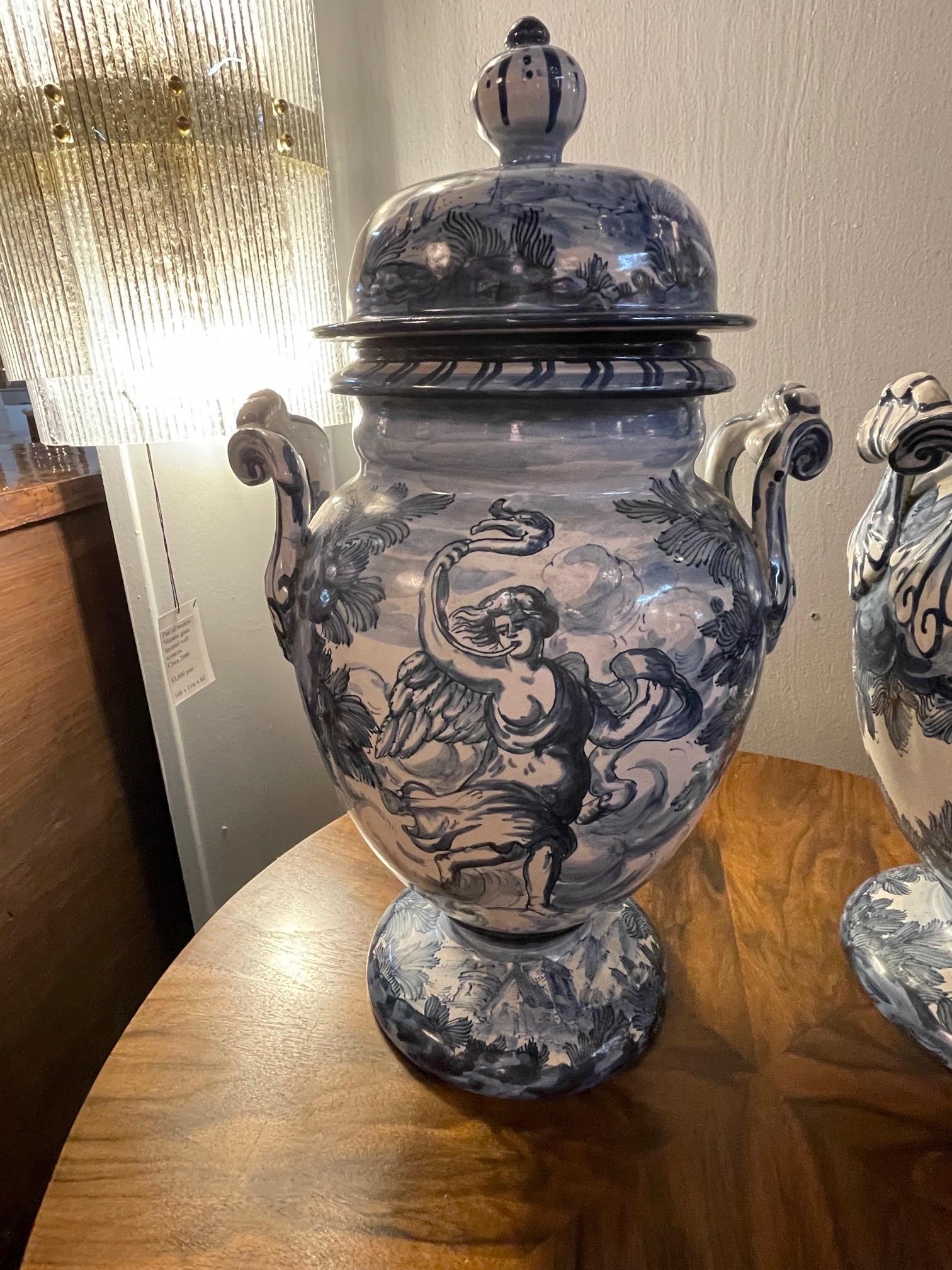 Pair of Blue and White Faience Glazed Lidded Urns In Good Condition For Sale In Dallas, TX