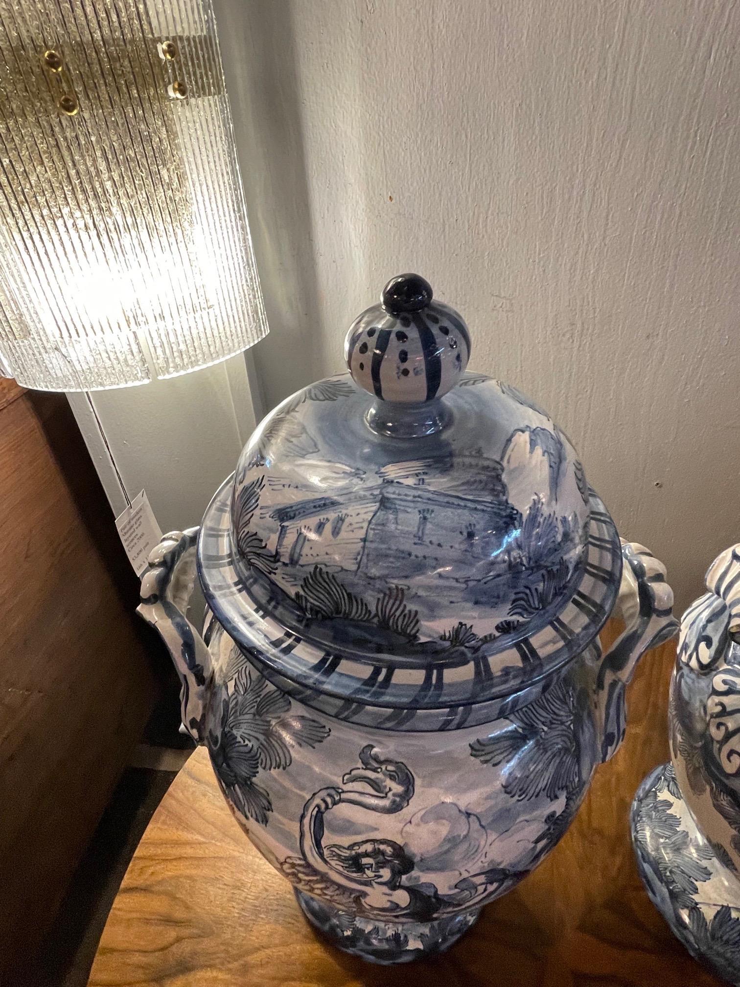 20th Century Pair of Blue and White Faience Glazed Lidded Urns For Sale