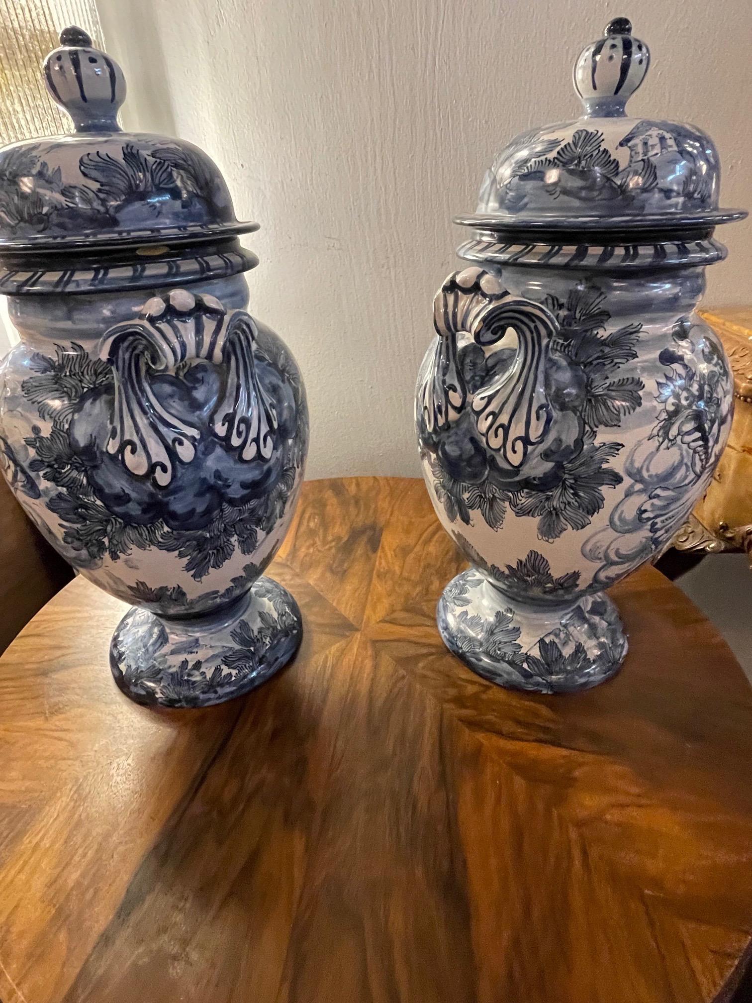 Pair of Blue and White Faience Glazed Lidded Urns For Sale 1